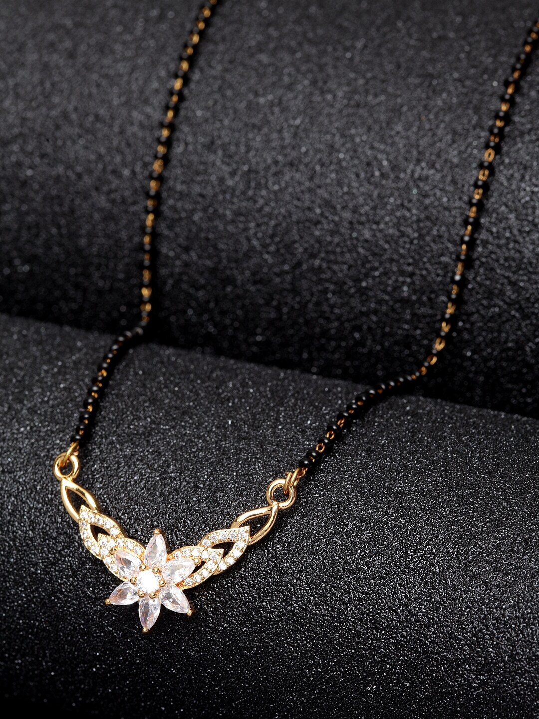 Bhana Fashion Gold-Plated Black & White AD-Studded Beaded Mangalsutra