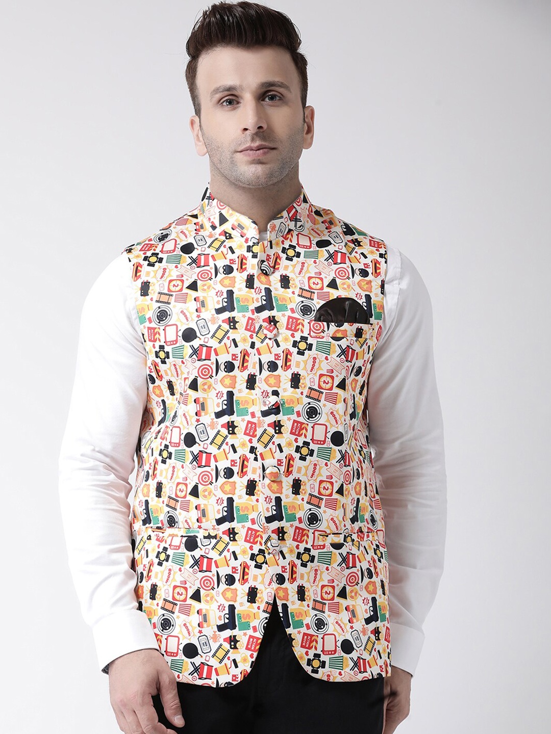 

Hangup Men Off-White & Red Printed UV Protected Nehru Jacket