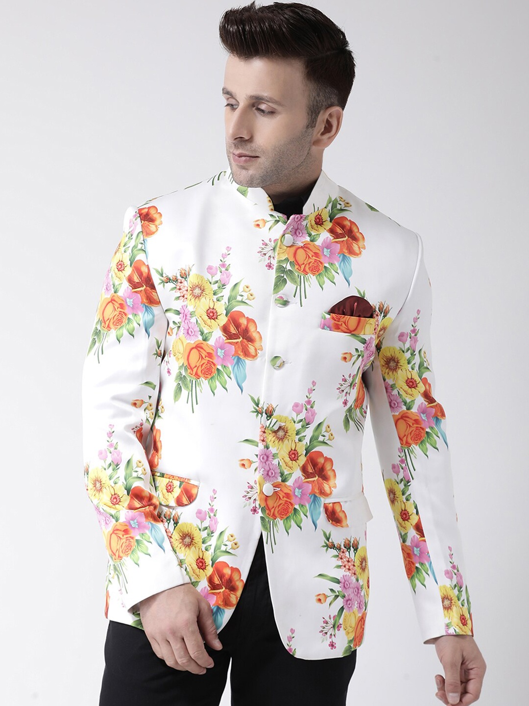 

Hangup Men White & Green Printed Bandhgala Blazer