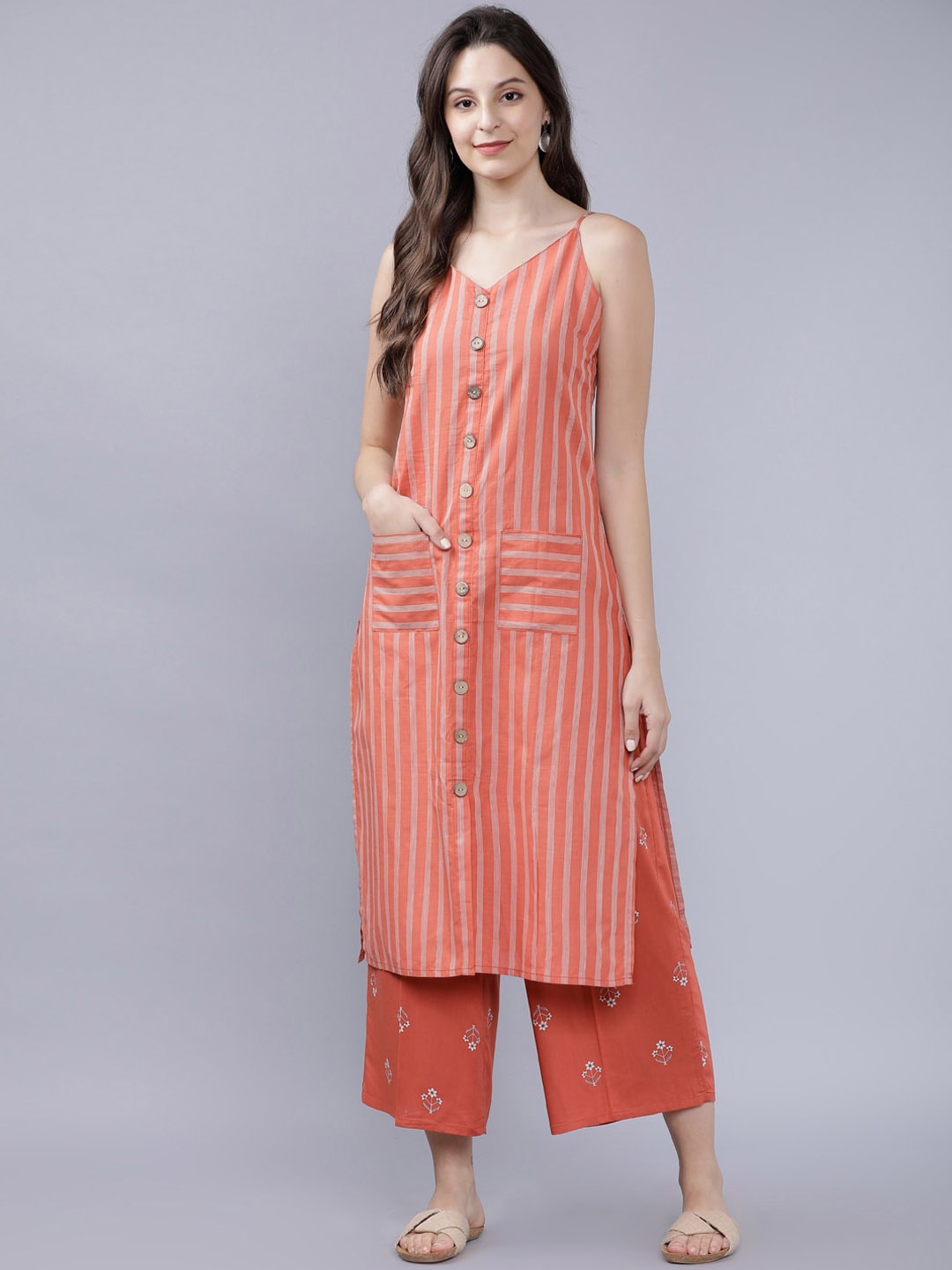 

Vishudh Women Rust Red Striped Kurta with Palazzos