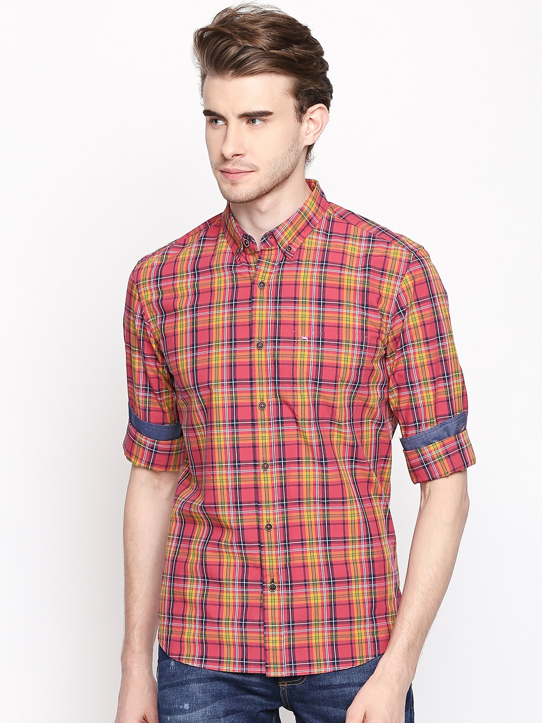 

Basics Men Coral Slim Fit Checked Casual Shirt