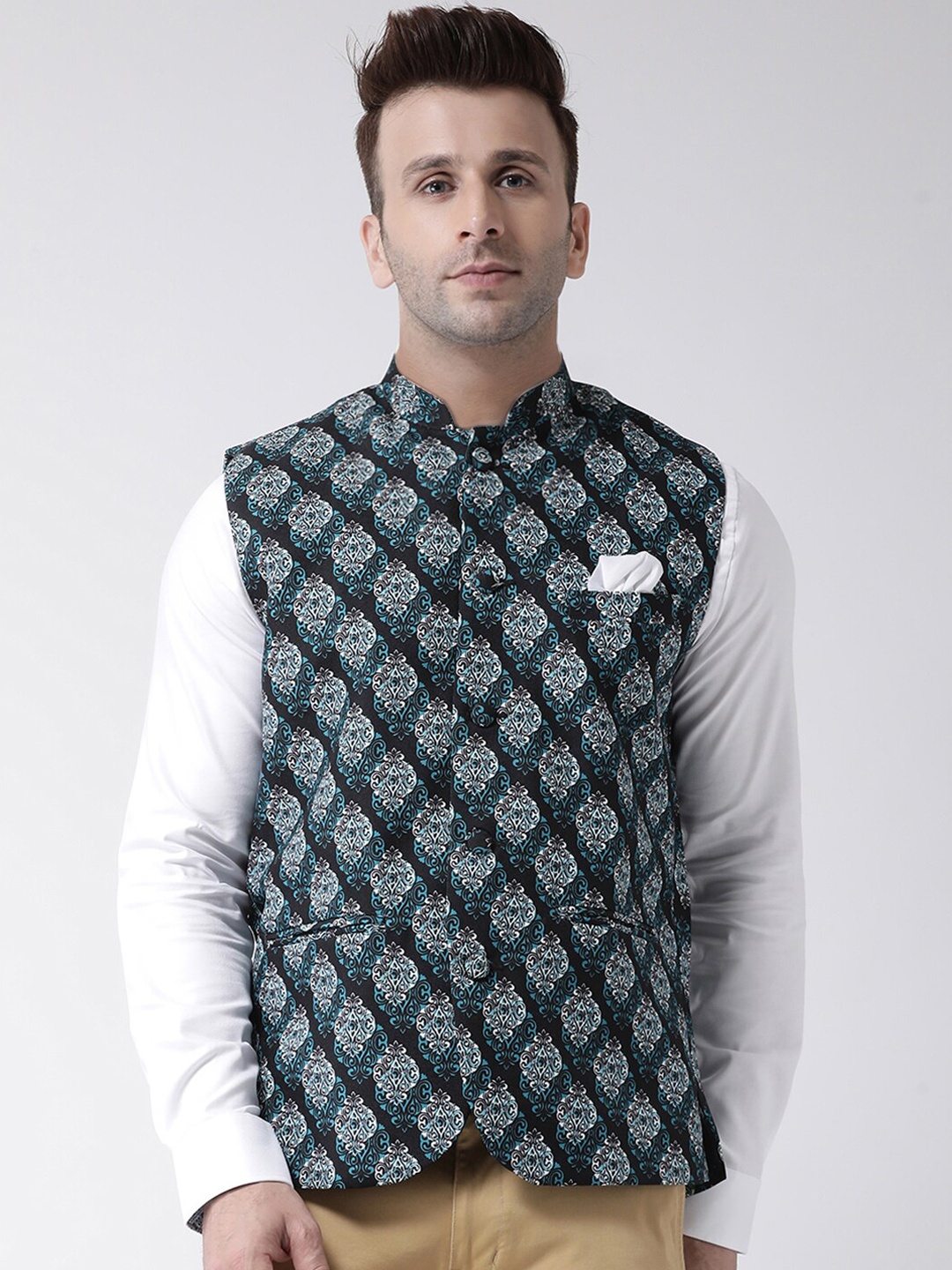 

Hangup Men Black & Blue Printed UV Protected Nehru Jacket