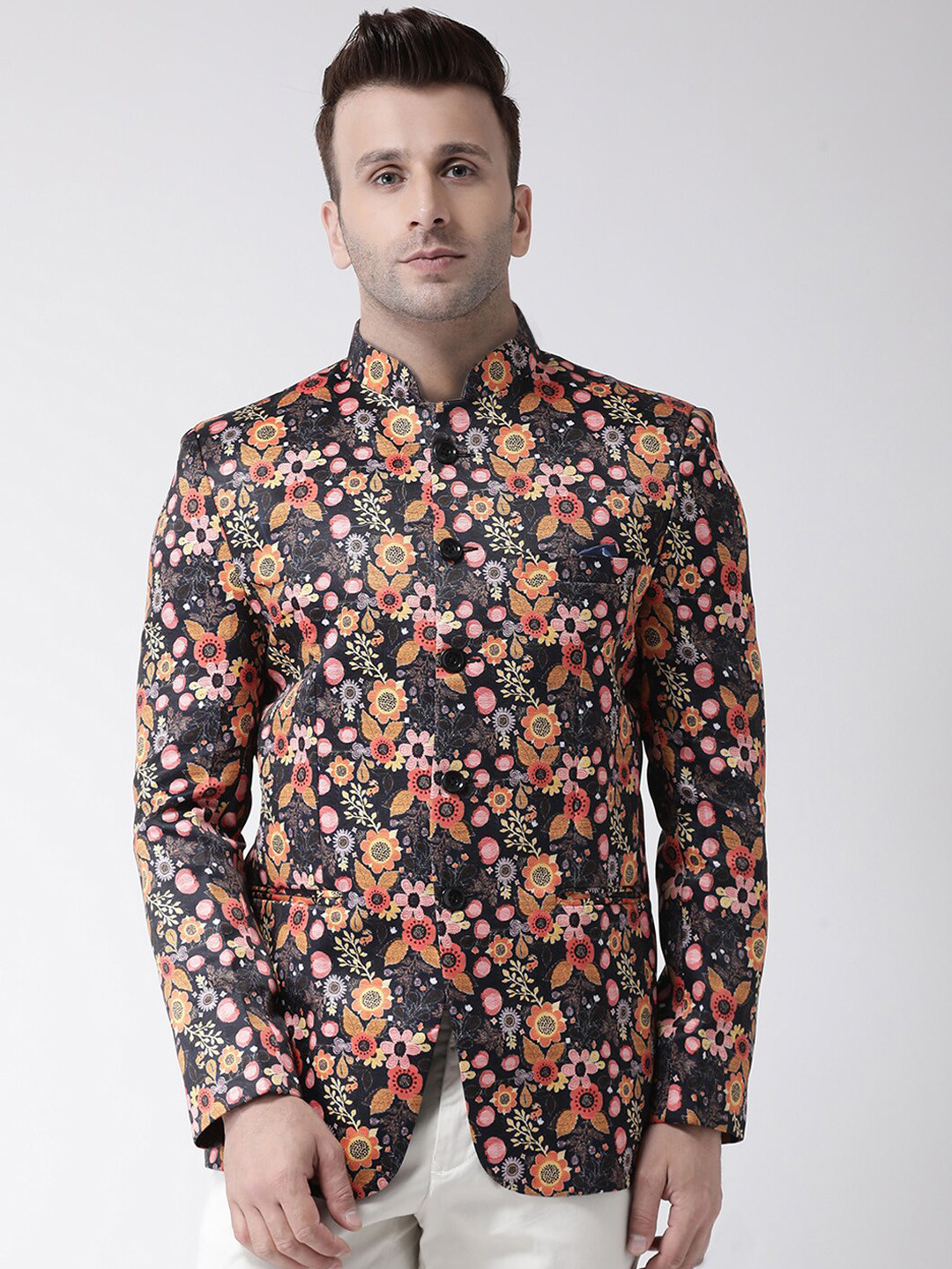 

Hangup Men Black & Orange Printed Bandhgala Blazer