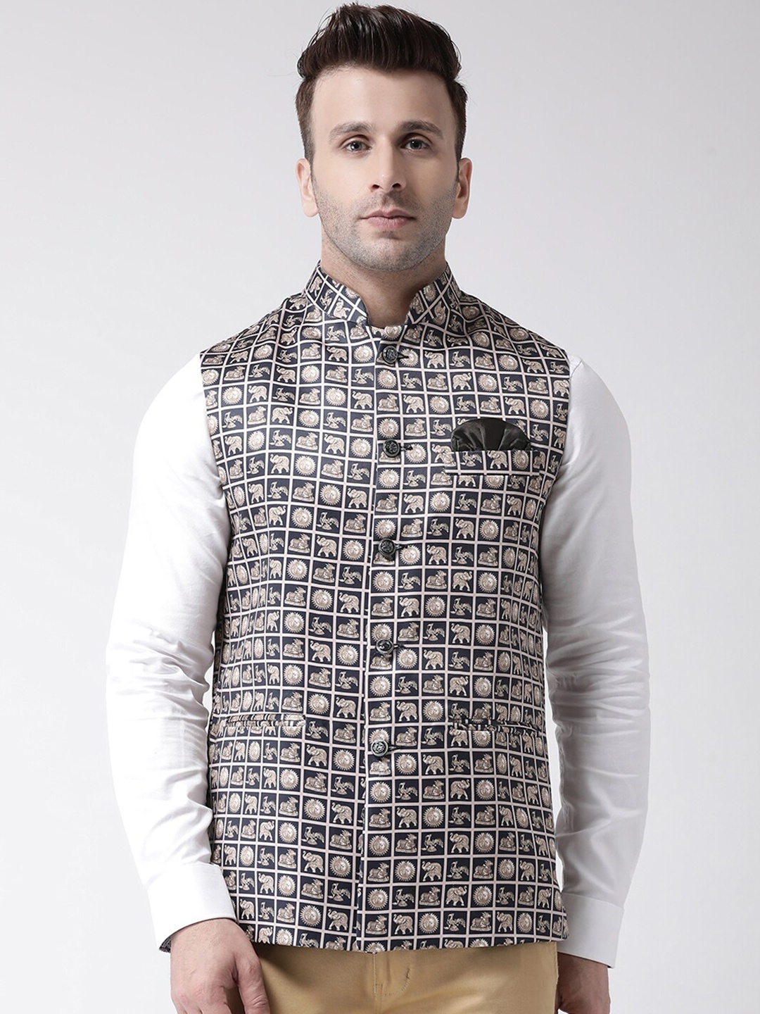 

Hangup Men Black & Grey Printed UV Protected Nehru Jacket