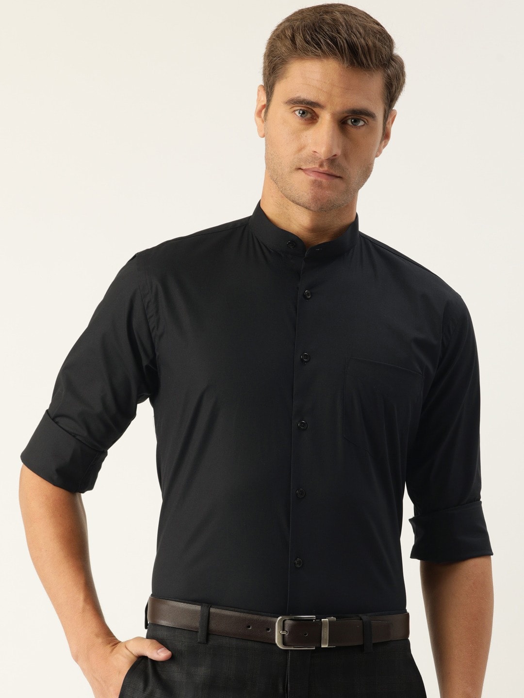 Hancock Men Black Slim Fit Solid Casual Shirt