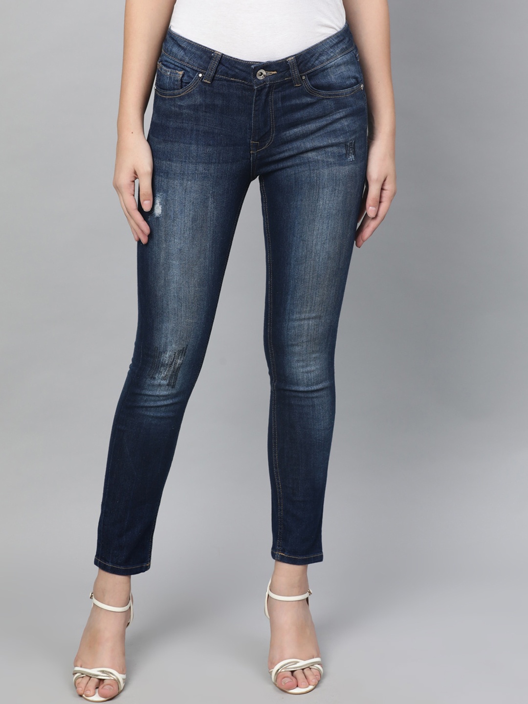 STREET 9 Women Blue Skinny Fit Mid-Rise Low Distress Stretchable Jeans