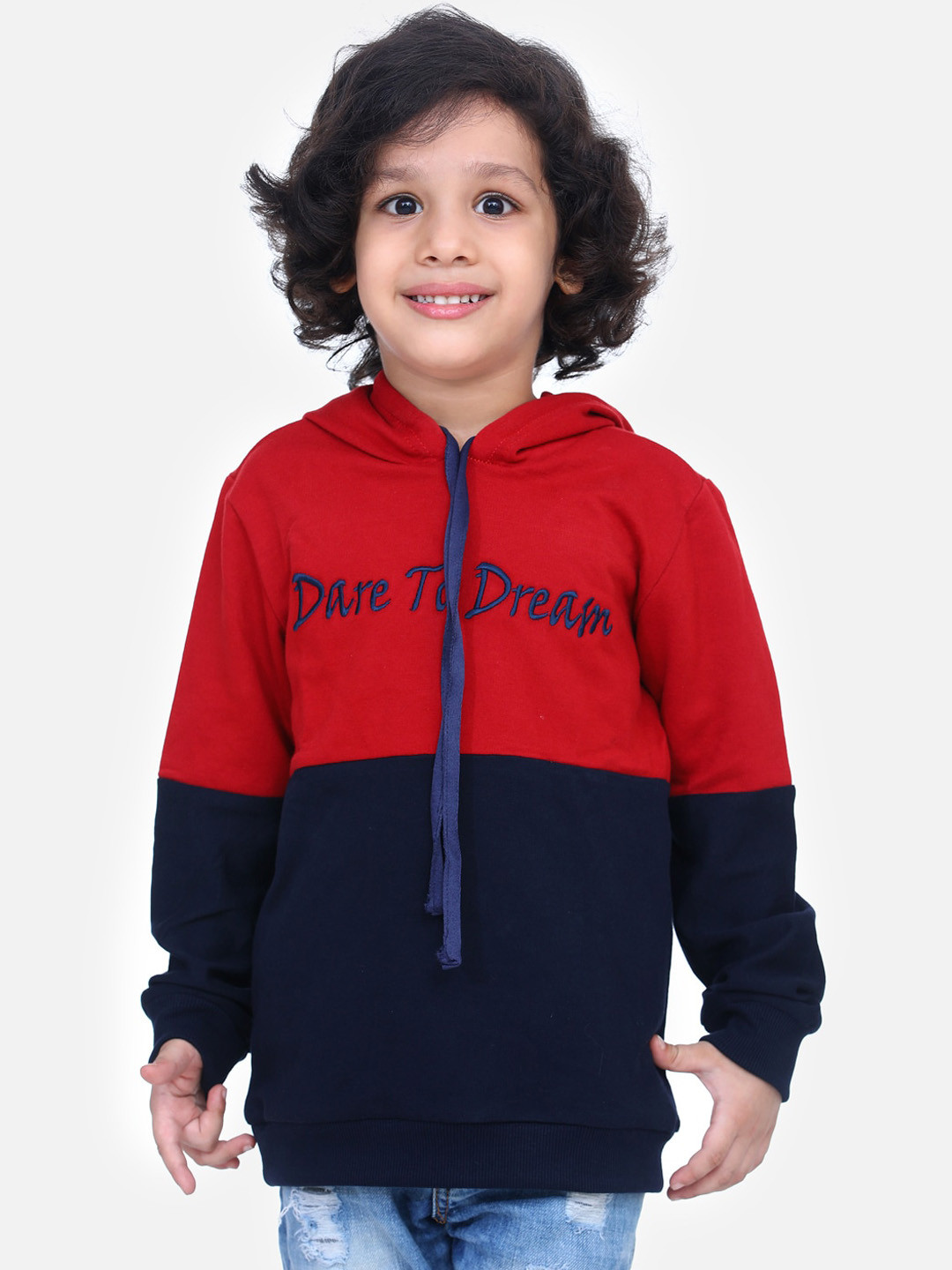 

LilPicks Boys Maroon & Navy Blue Colourblocked Hooded Sweatshirt
