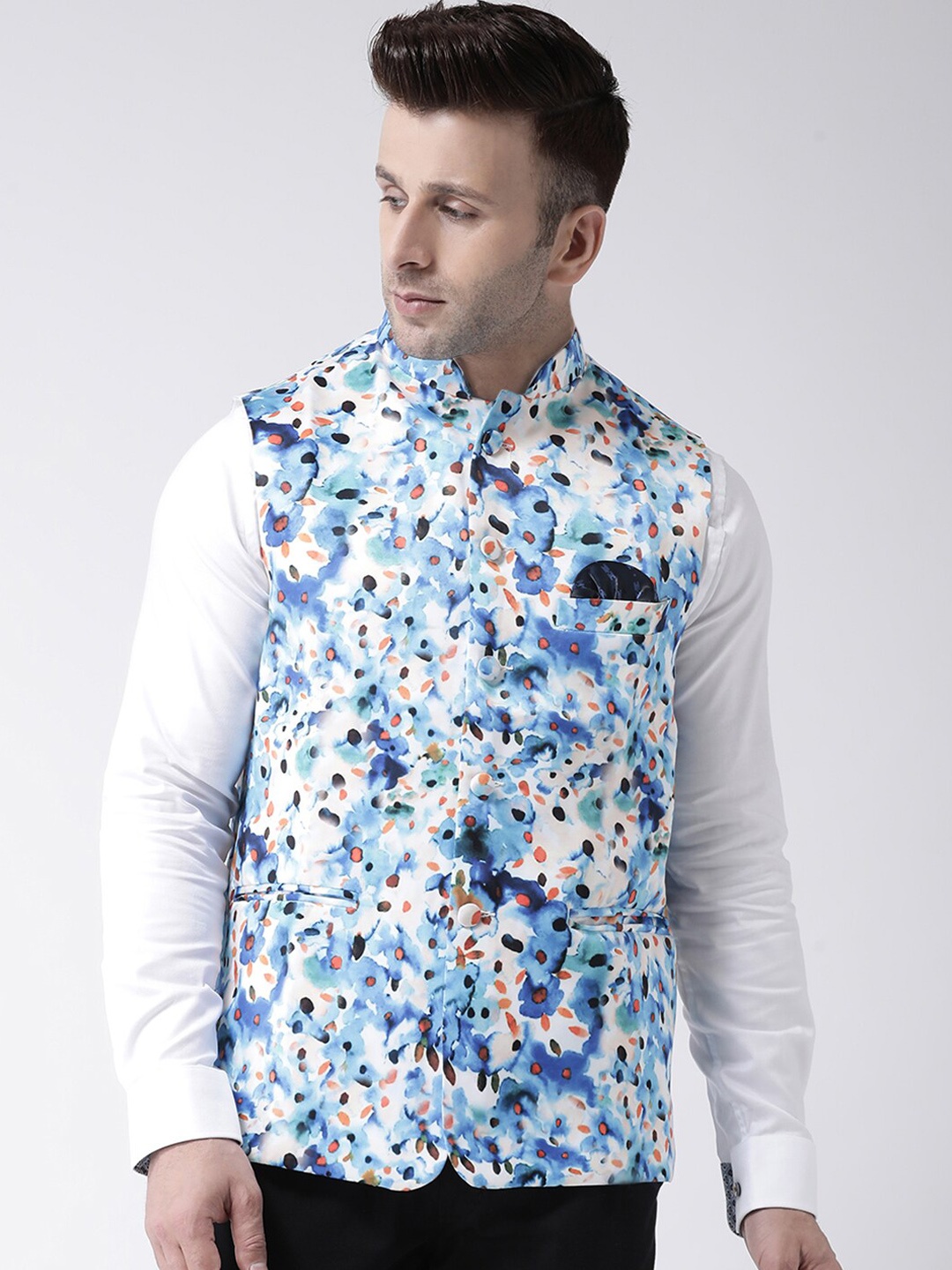 

Hangup Men Blue & White Printed UV Protected Nehru Jacket