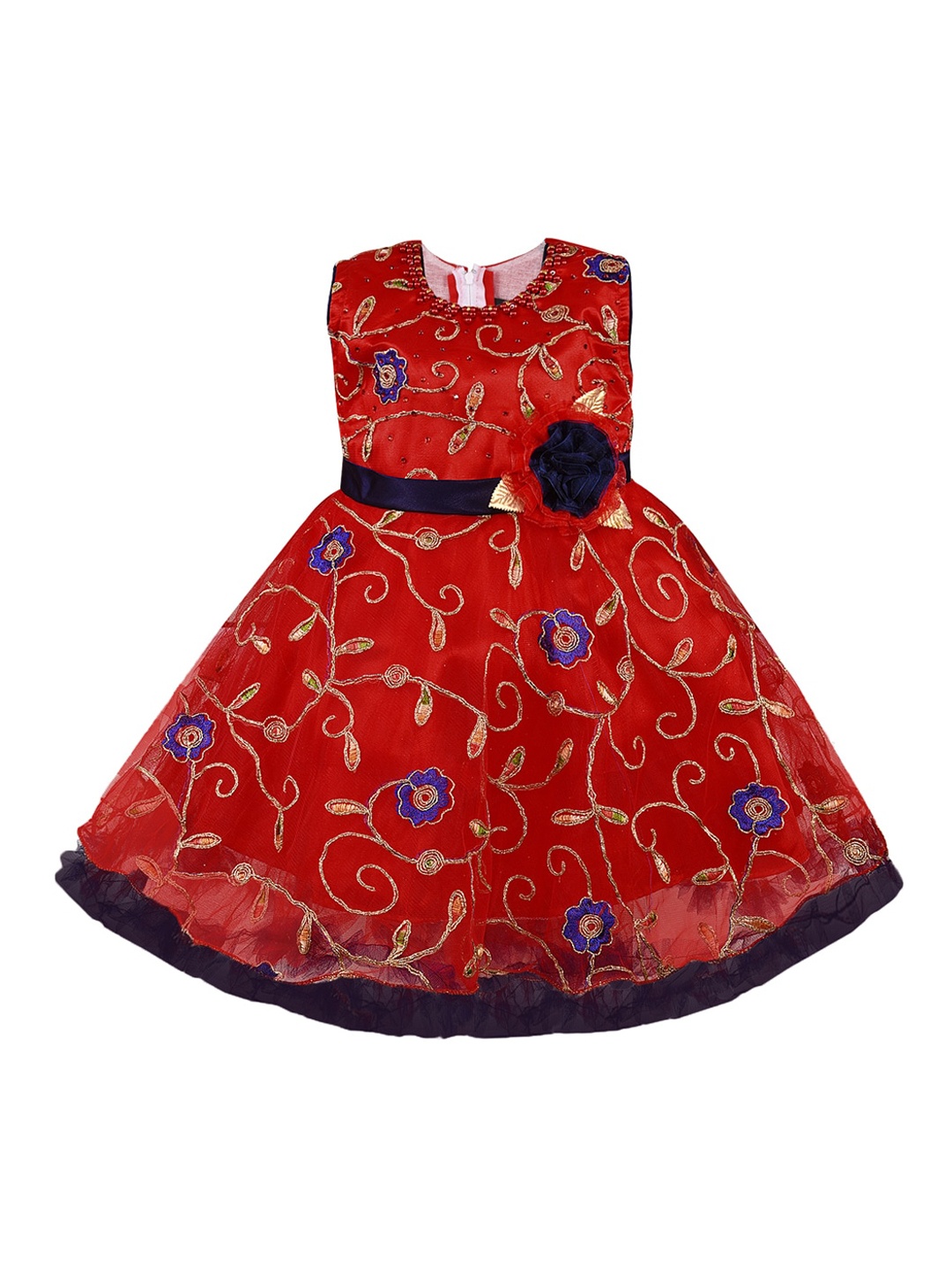 

Wish Karo Girls Maroon & Gold-Coloured Embroidered Fit and Flare Dress
