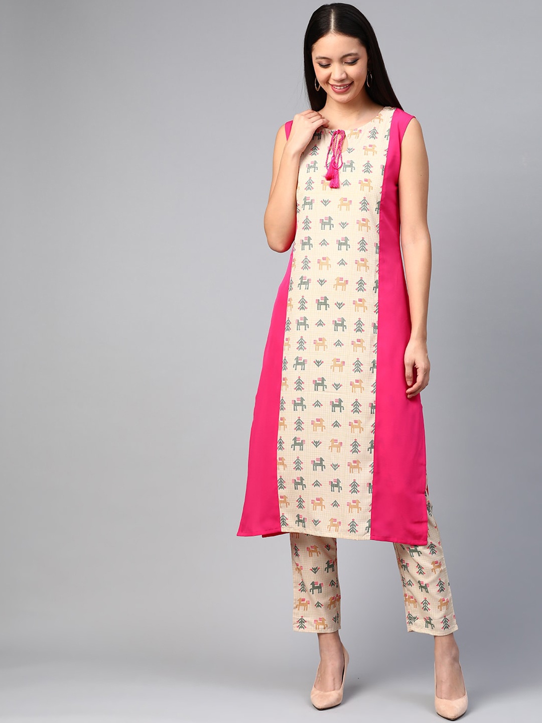 

ZIYAA Women Pink & Cream-Coloured Printed A-Line Kurta