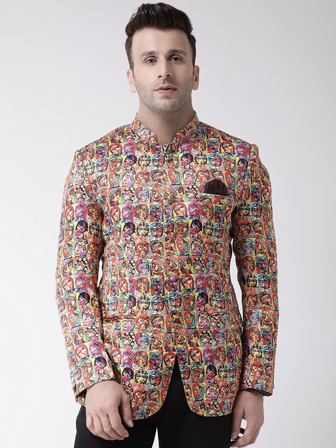 

Hangup Men Orange & Green Printed Bandhgala Blazer