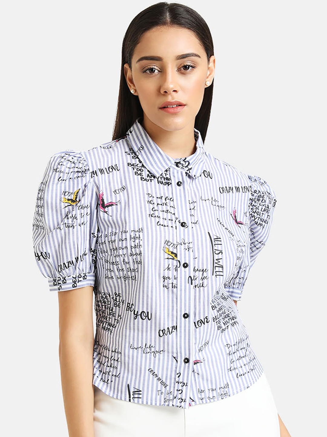 

Kazo Women Blue & Grey Printed Puff Sleeved Casual Shirt