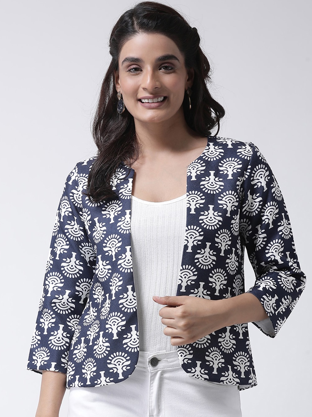 

Hangup Women Navy Blue & White Floral Print Open Front Jacket