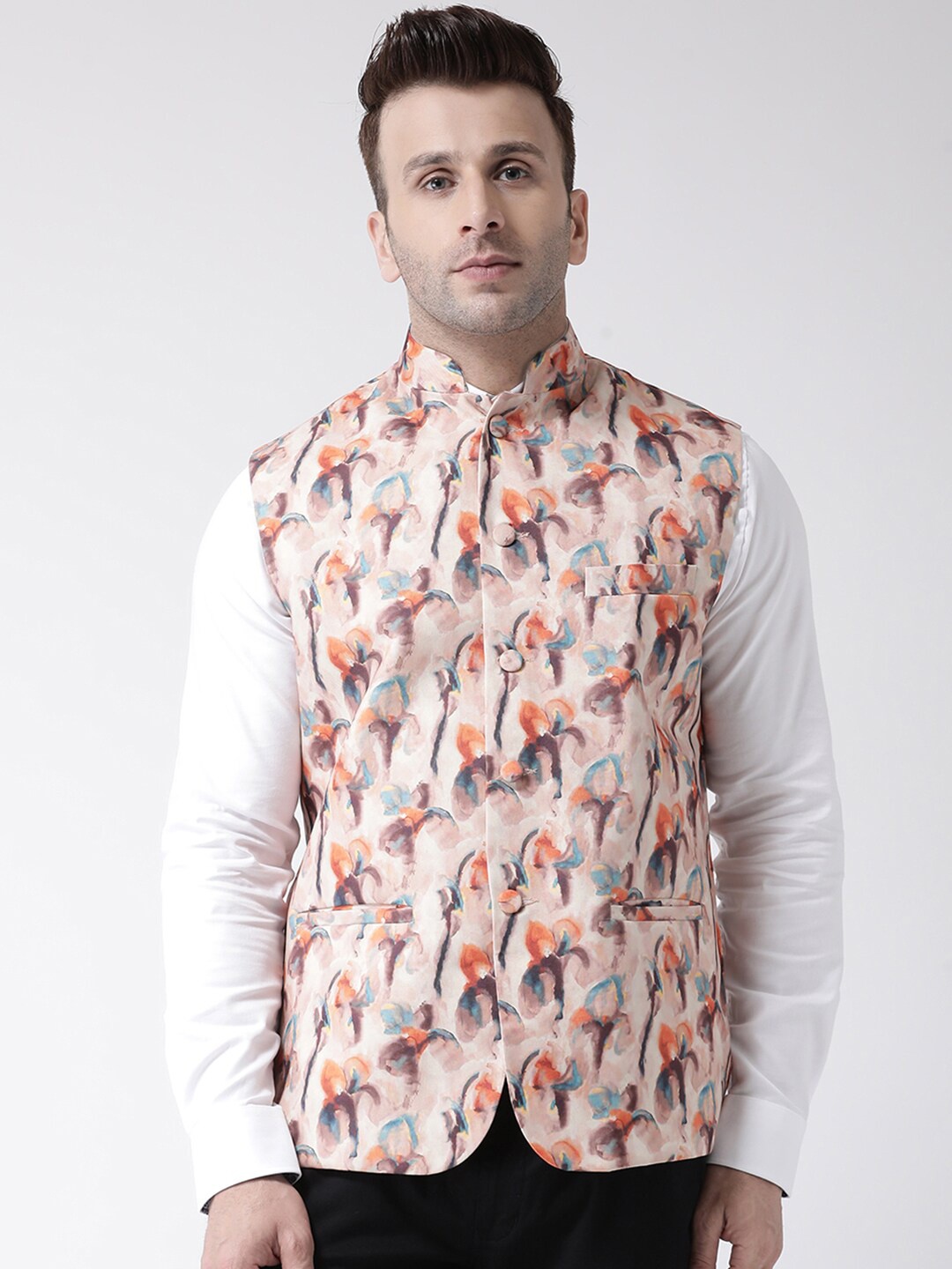 

Hangup Men Cream-Coloured & Orange Printed UV Protected Nehru Jacket