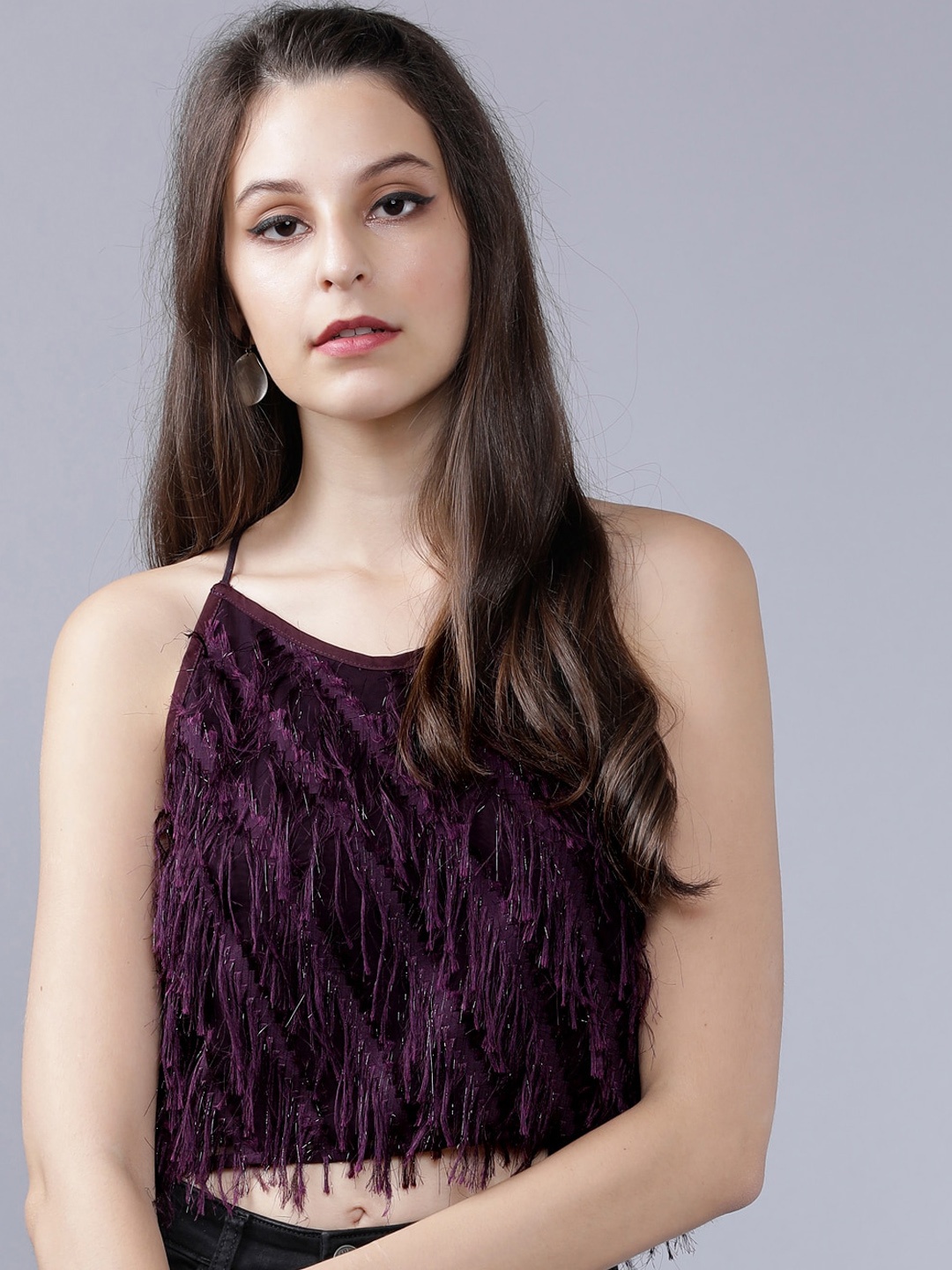 

Tokyo Talkies Women Purple Fringed Fitted Crop Top