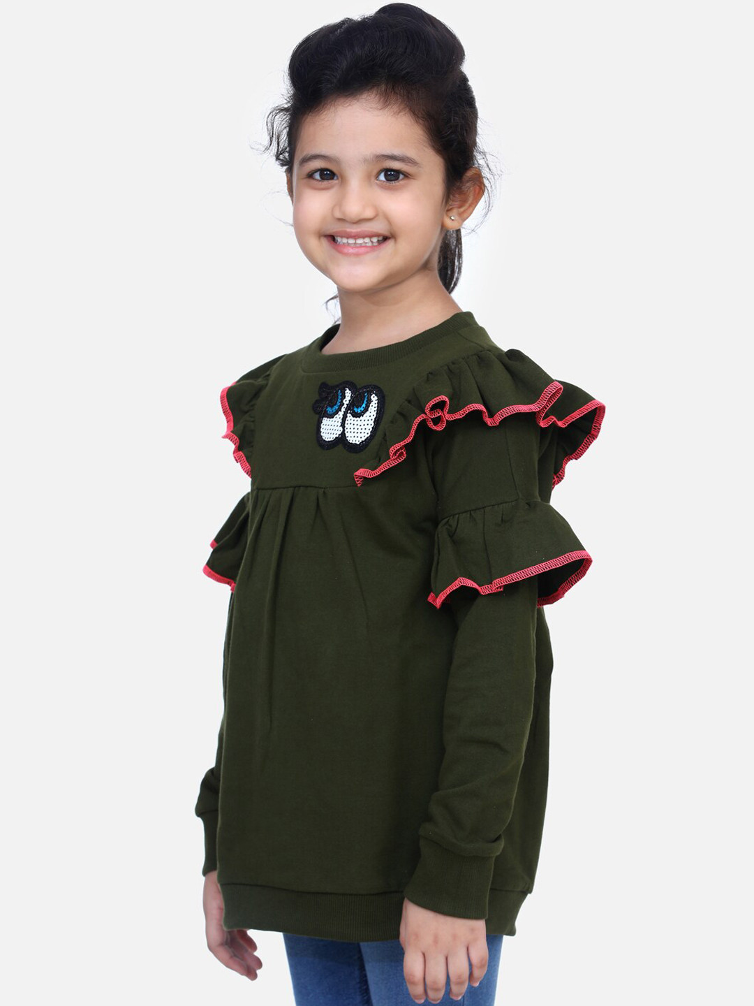 

LilPicks Girls Olive Green Solid Sweatshirt