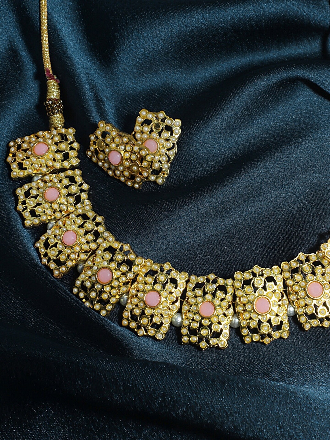 

KARATCART Gold-Plated White & Pink Stone-Studded Beaded Handcrafted Jewellery Set