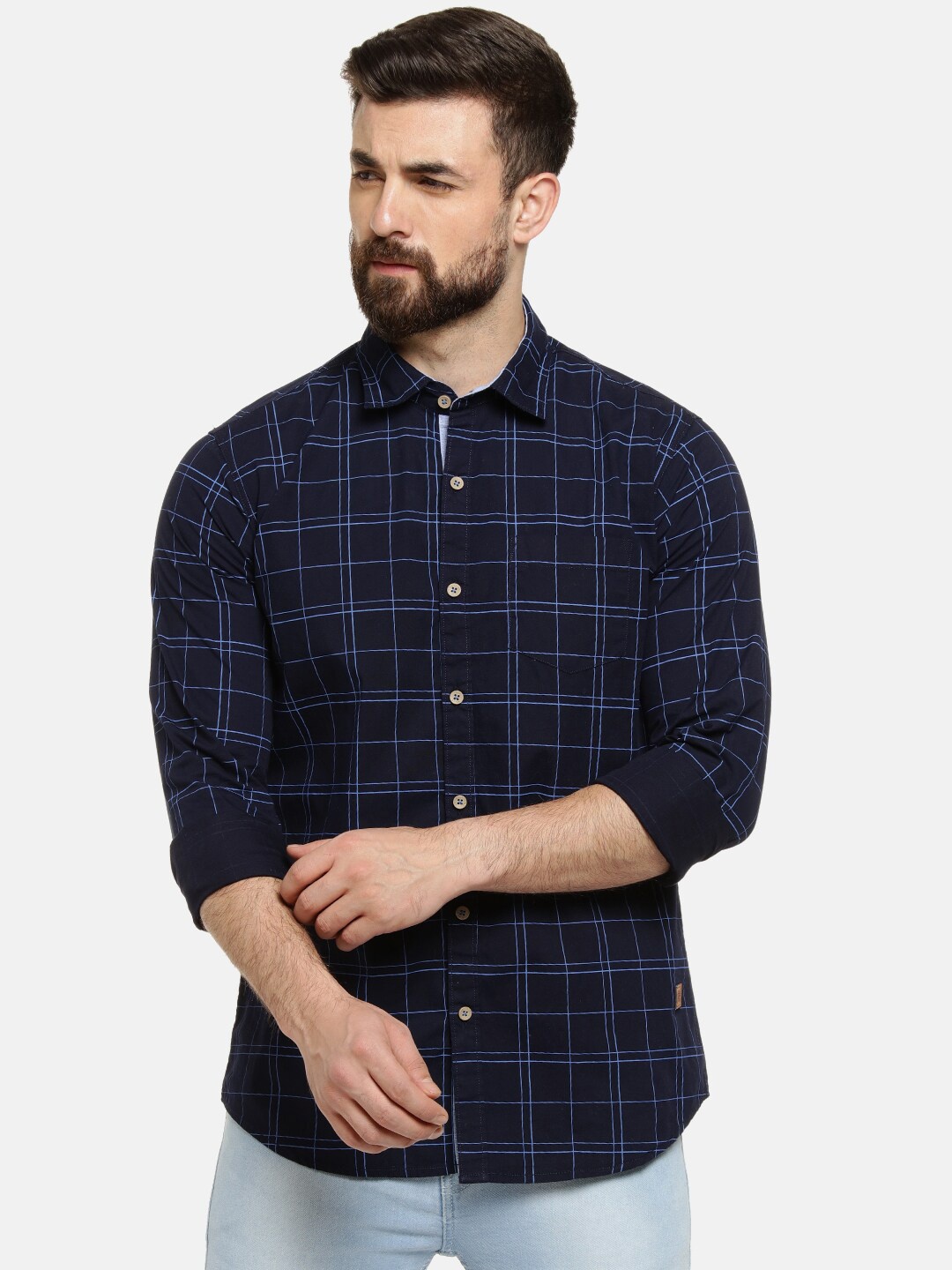 

Campus Sutra Men Navy Blue Regular Fit Checked Casual Shirt