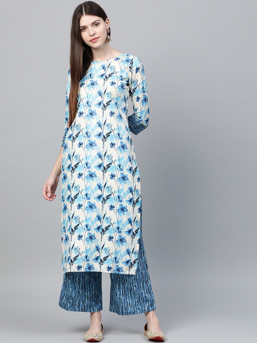 

ZIYAA Women Blue & White Printed Straight Kurta