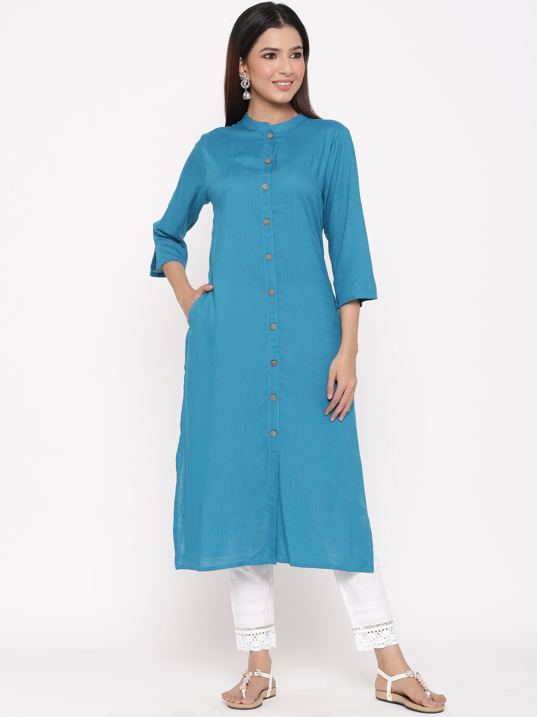 

Juniper Women Teal Blue Solid A-Line Kurta