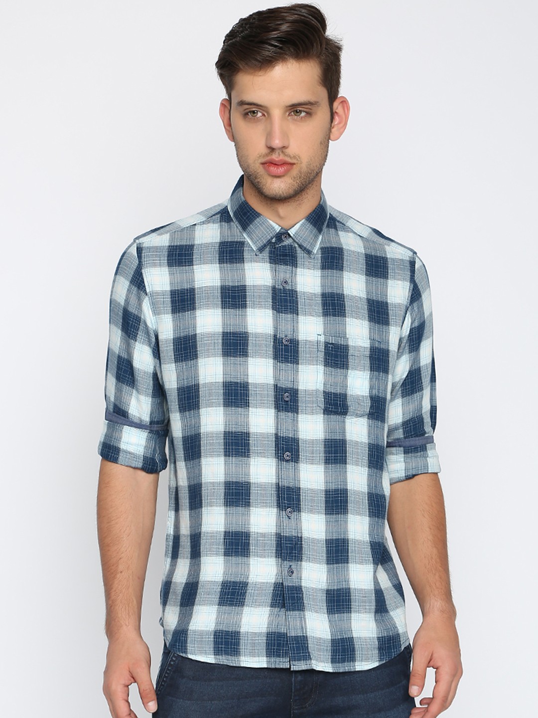 

Basics Men Blue Slim Fit Checked Casual Shirt