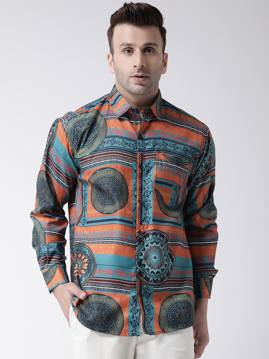 

Hangup Men Orange & Blue Slim Fit Printed Casual Shirt
