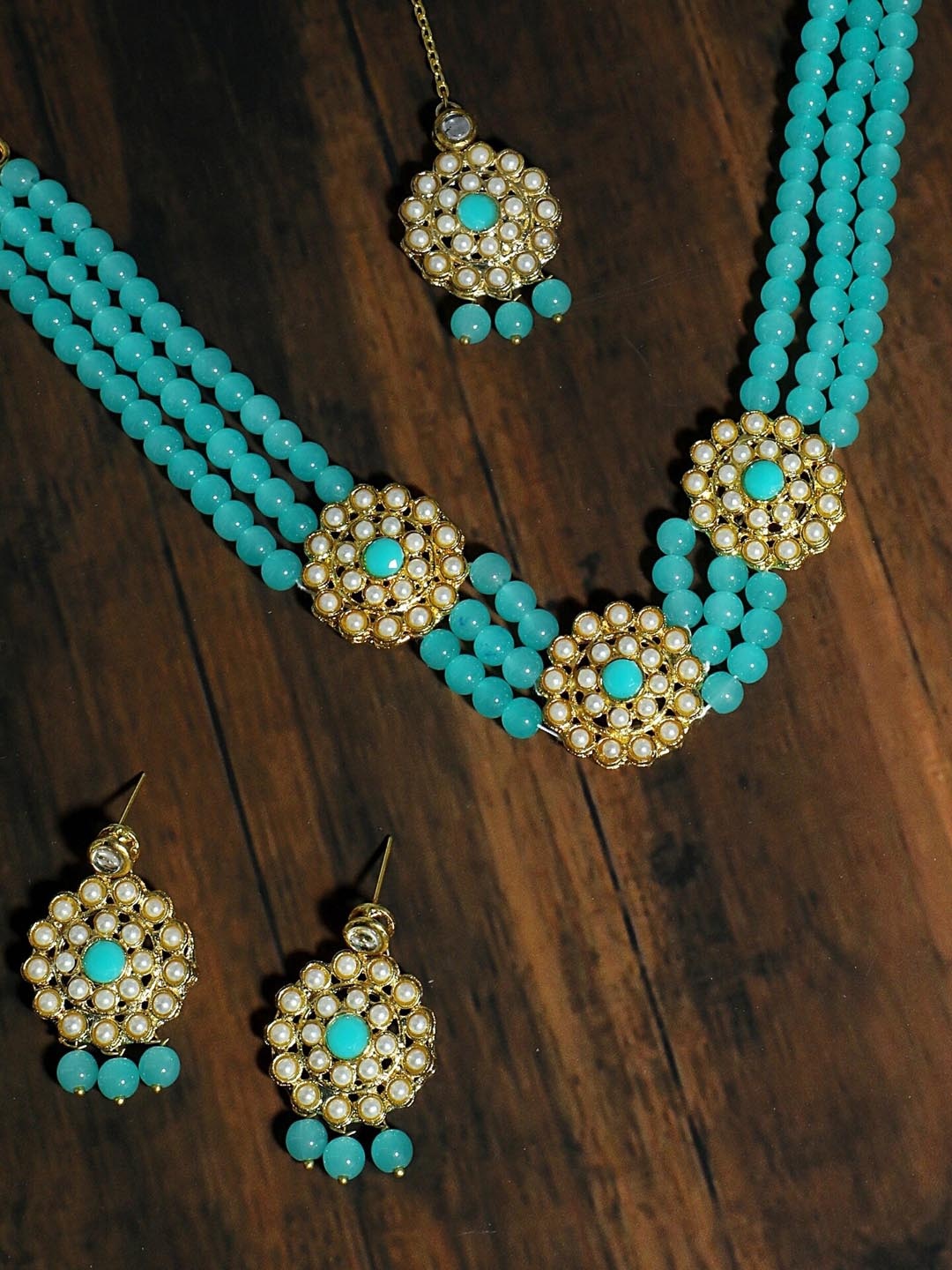 

KARATCART Gold-Plated Blue & White Stone-Studded Beaded Handcrafted Jewellery Set