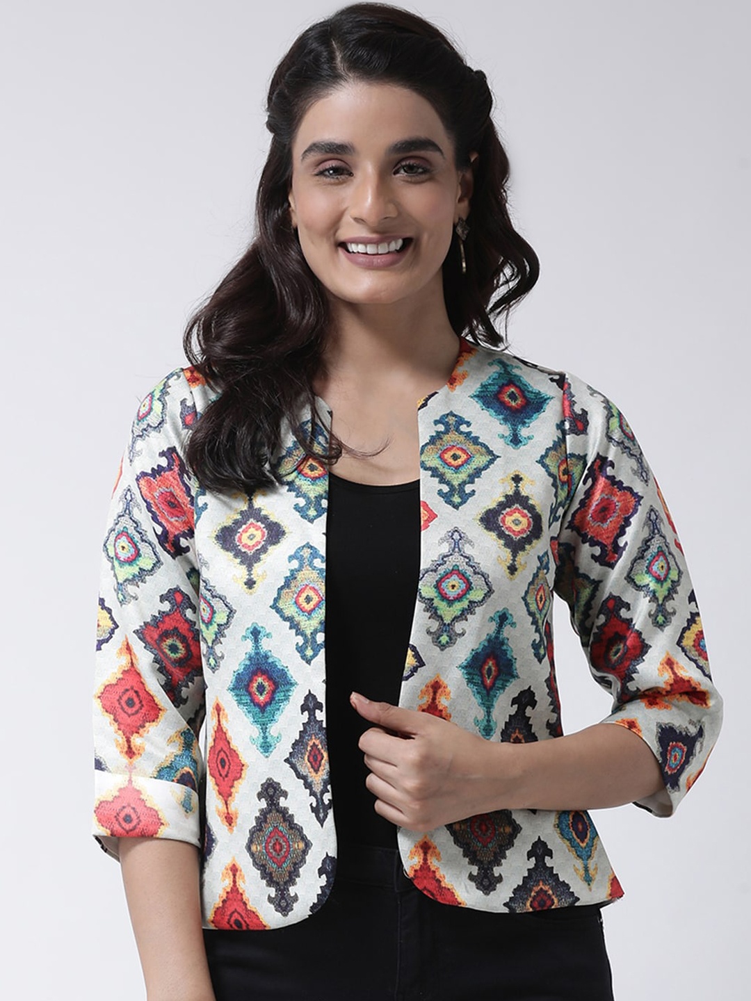 

Hangup Women Cream-Coloured Printed Open Front Jacket