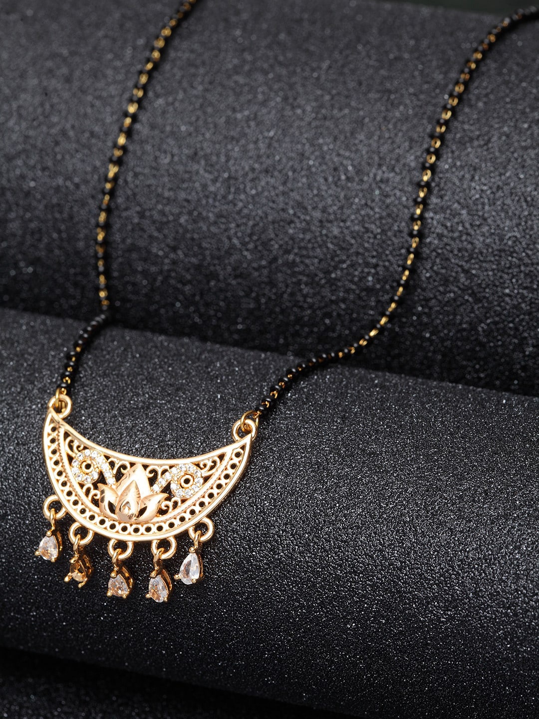 

Bhana Fashion Gold-Plated Black & White AD-Studded Beaded Mangalsutra