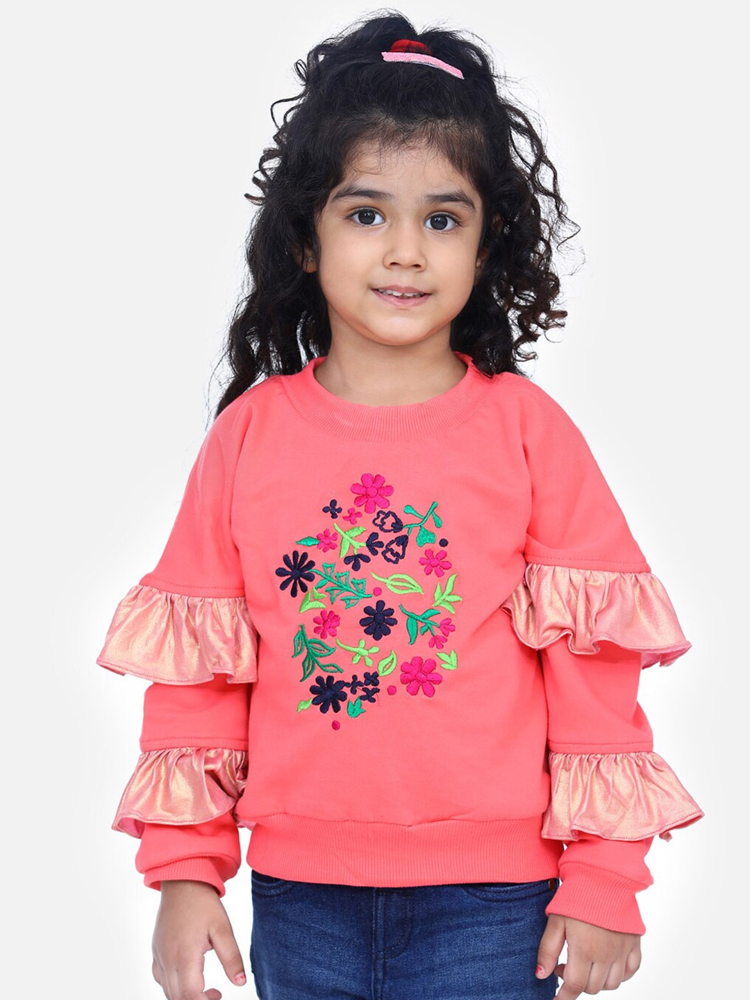 

LilPicks Girls Pink & Navy Blue Floral Embroidered Sweatshirt