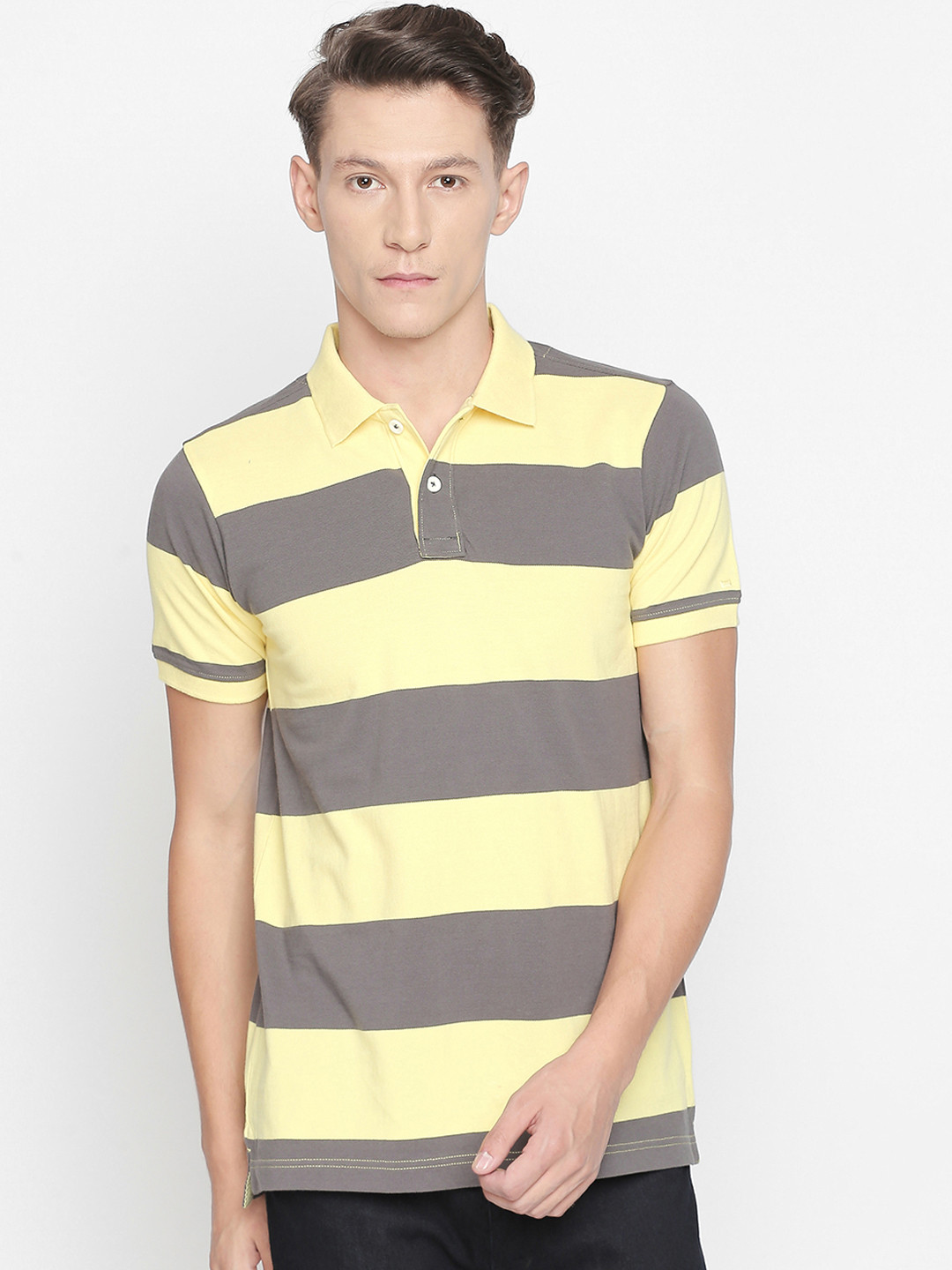 

Basics Men Yellow Striped Round Neck T-shirt