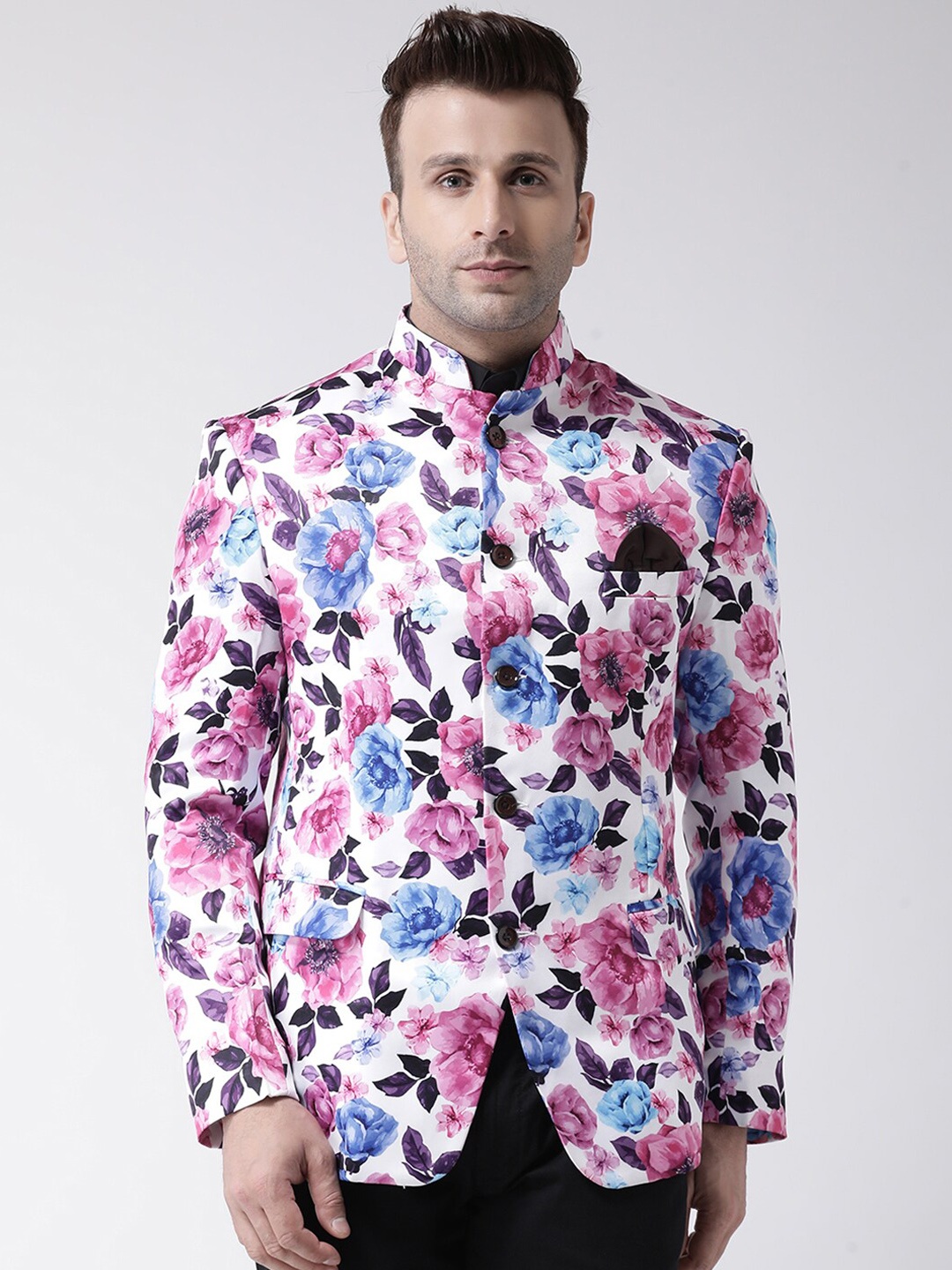 Hangup Men White & Pink Printed Bandhgala Blazer
