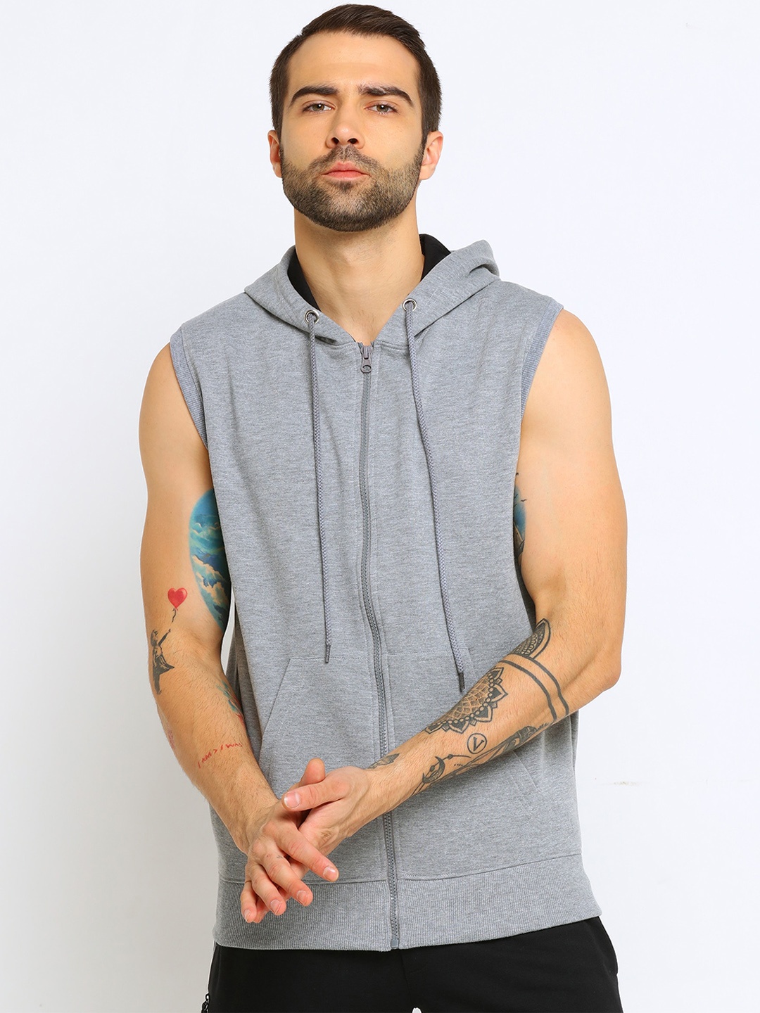 

Maniac Men Grey Melange Solid Hooded Sweatshirt