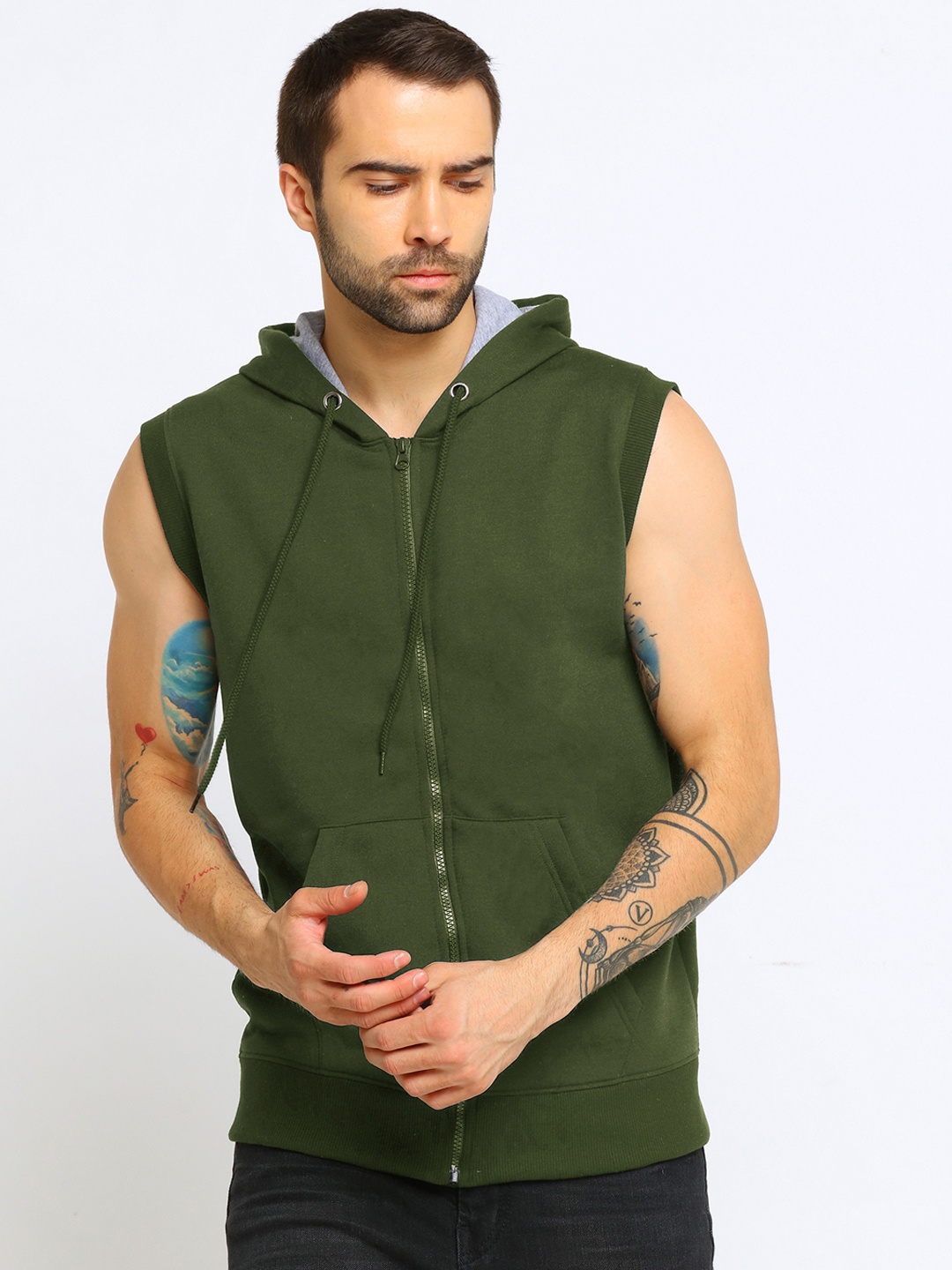 

Maniac Men Olive Green Solid Hooded Sweatshirt