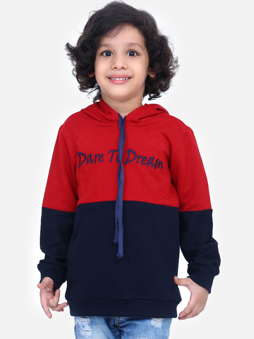 LilPicks Boys Red & Navy Blue Colourblocked Hooded Sweatshirt