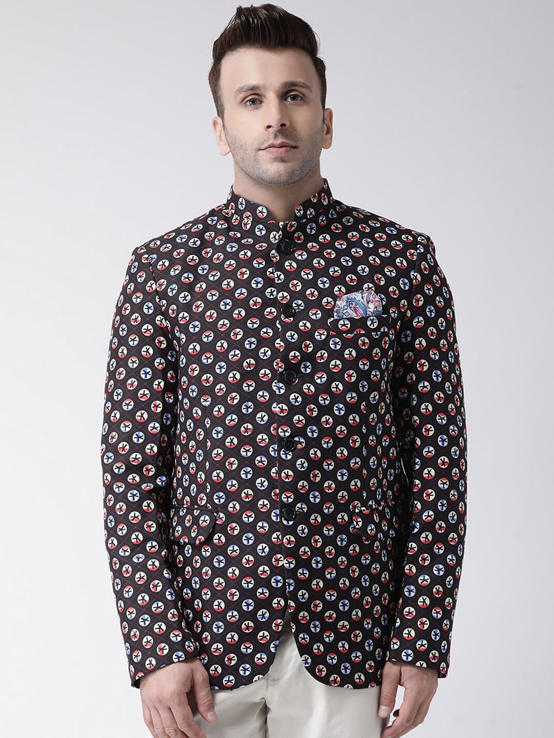 

Hangup Men Black & Red Printed Bandhgala Blazer