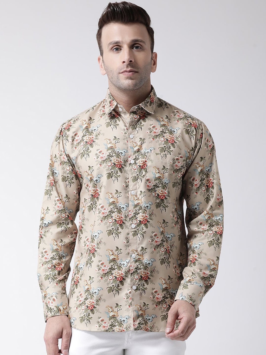 

Hangup Men Beige & Green Slim Fit Printed Casual Shirt