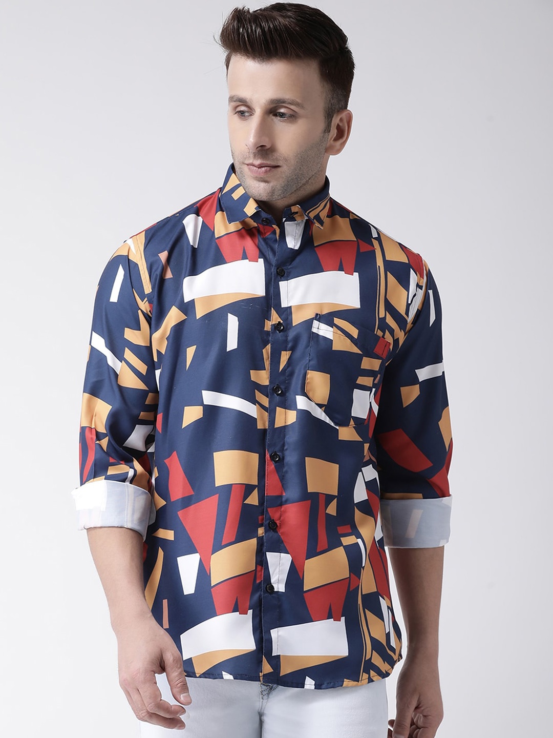 Hangup Men Blue & White Slim Fit Printed Casual Shirt