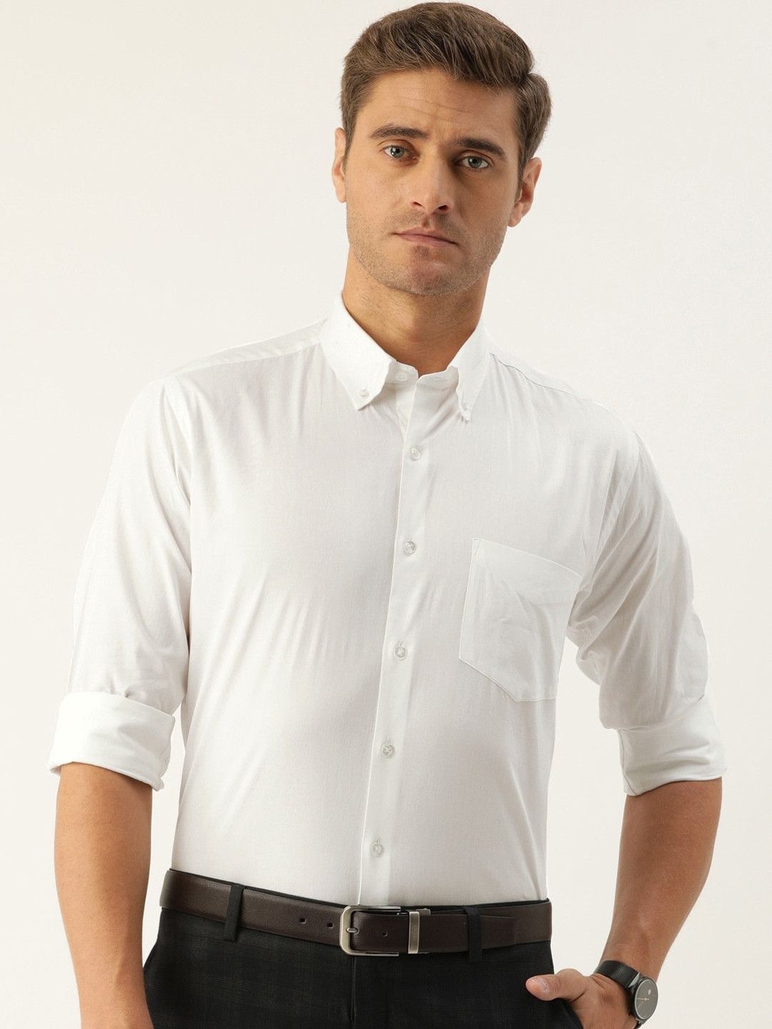 

Hancock Men White Slim Fit Solid Casual Shirt