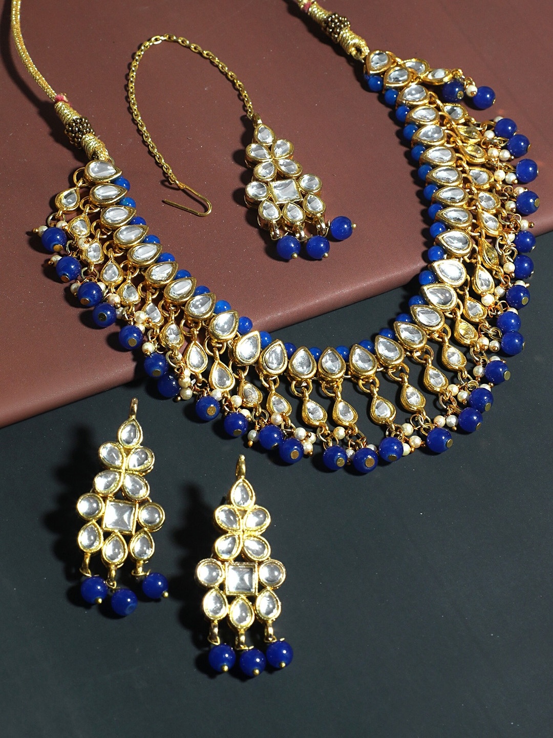 

KARATCART Gold-Plated White & Blue Kundan Handcrafted Jewellery Set