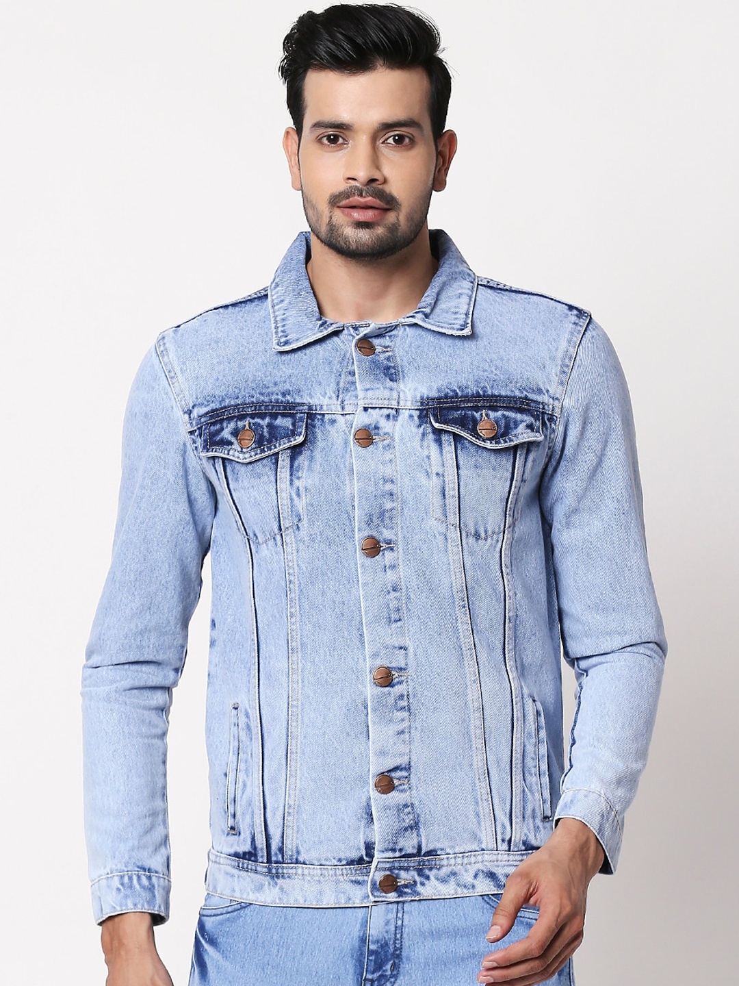 High Star Men Blue Solid Denim Jacket