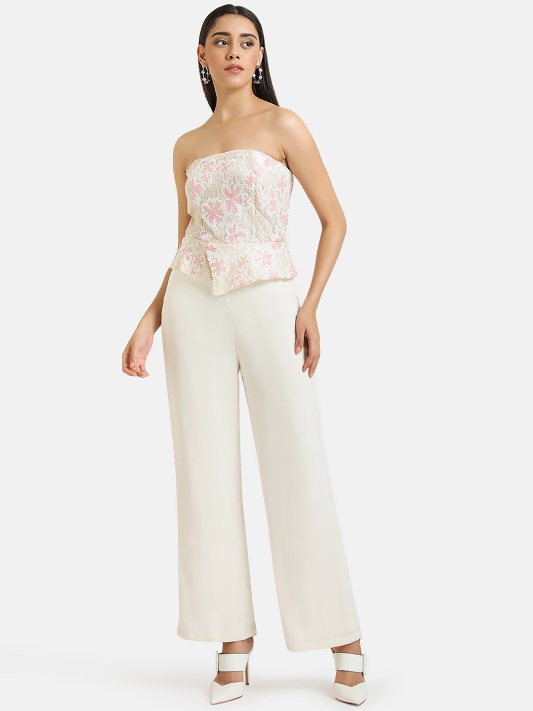 

Kazo Women White Self Design Basic Jumpsuit
