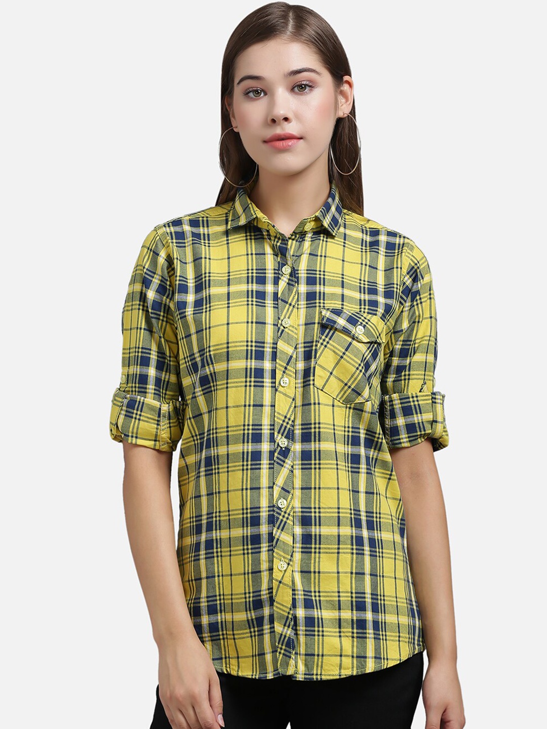The Dry State Women Yellow & Navy Blue Slim Fit Checked Casual Shirt