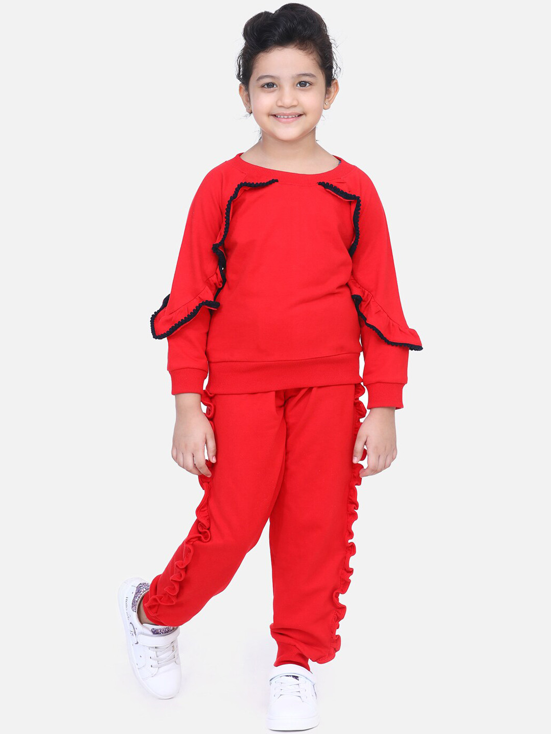 

LilPicks Girls Red Solid Top with Trousers