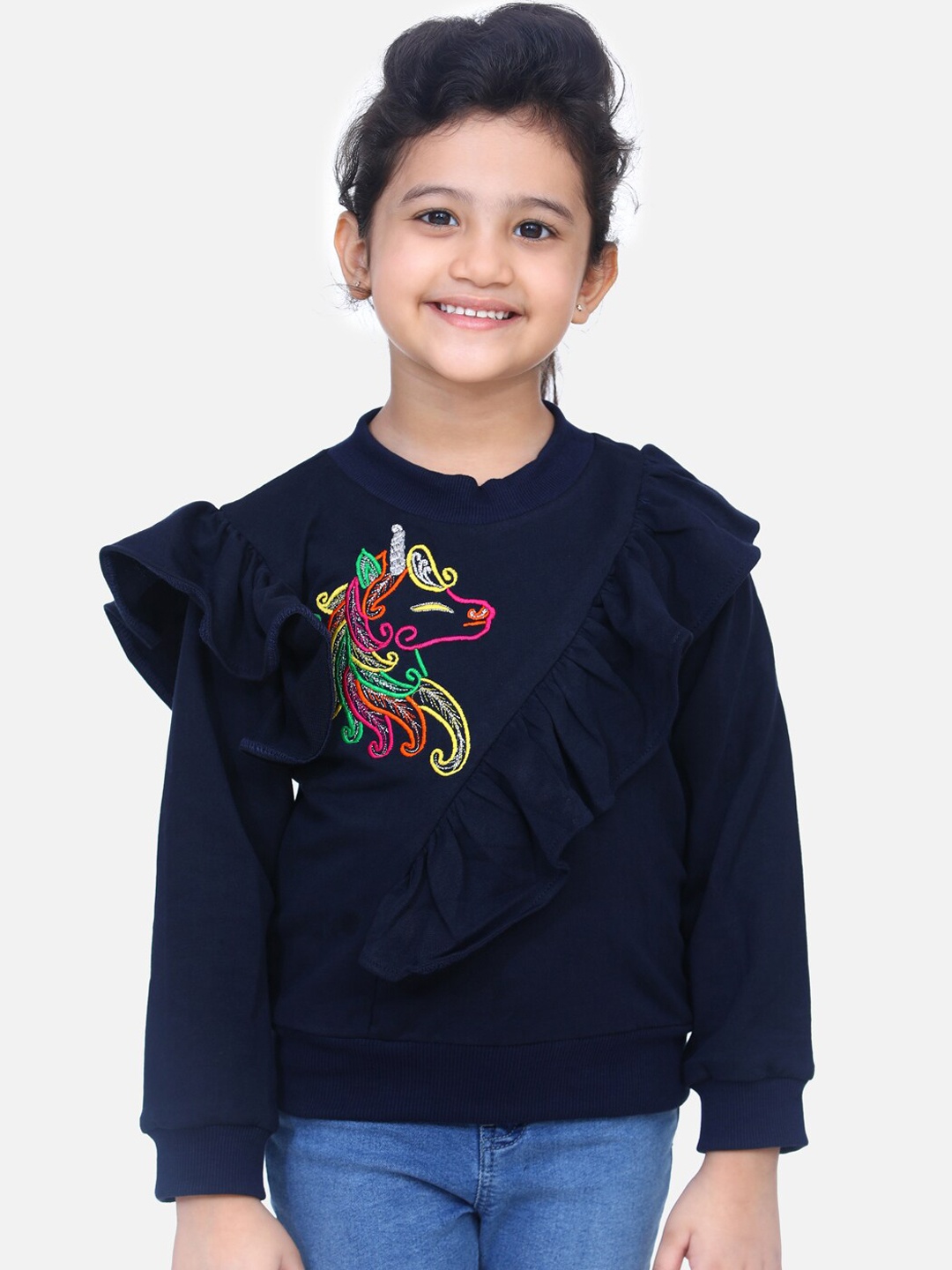 

LilPicks Girls Navy Blue Unicorn Embroidered Sweatshirt