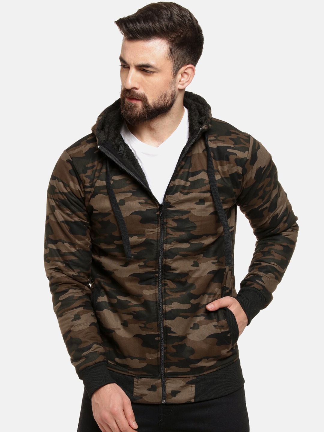 

Campus Sutra Men Brown & Black Camouflage Printed Hooded Padded Jacket