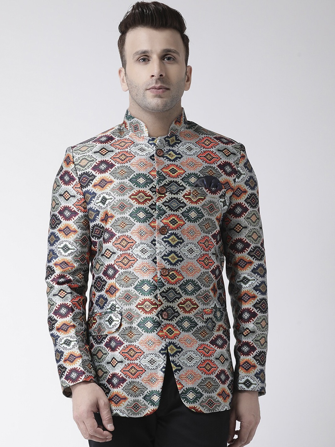 

Hangup Men Multicoloured Printed UV Protected Bandhgala Blazer, Multi