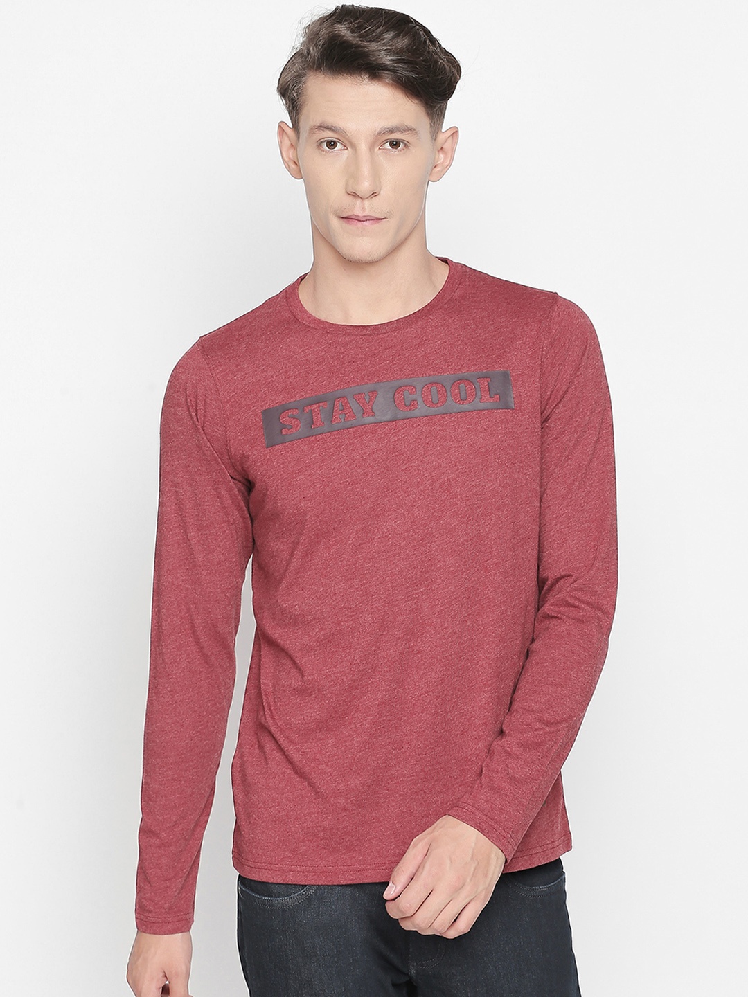 Basics Men Red Printed Round Neck T-shirt