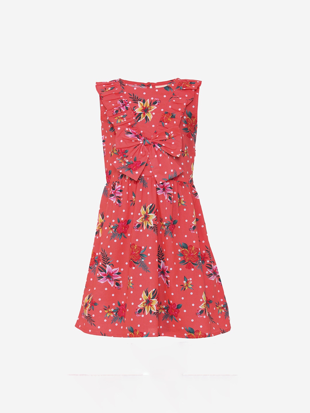 

luyk Girls Peach-Coloured Floral Print A-Line Dress