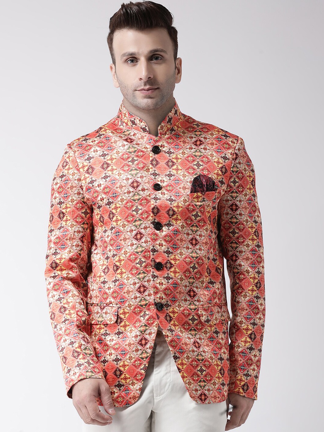 

Hangup Men Orange & Beige Printed Bandhgala Blazer